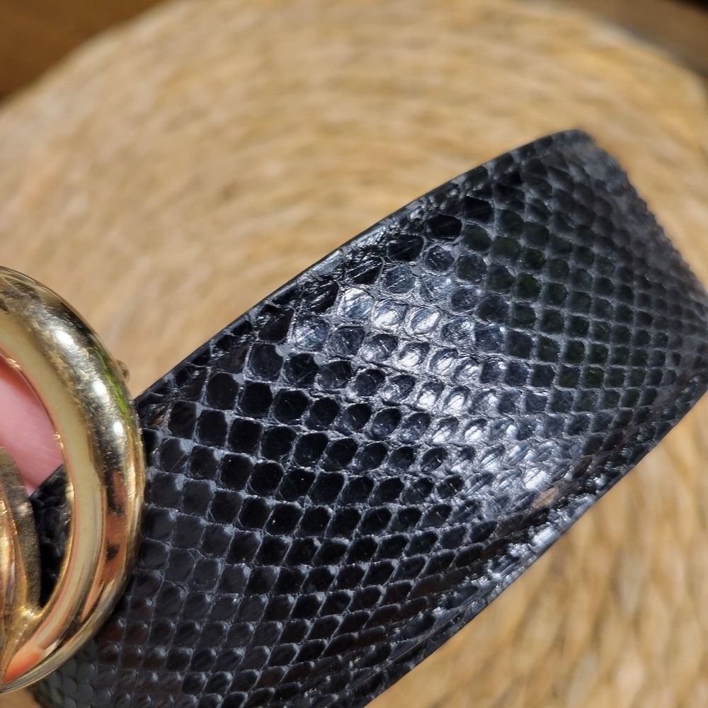 Vintage GUCCI Black Python Snake Leather Belt Gold Buckle GG Size 85 - Picture 4 of 12